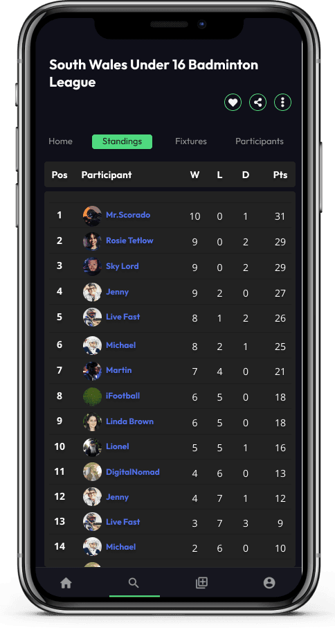 A mobile phone displaying The league standings for a Welsh  1vs1 Badminton League