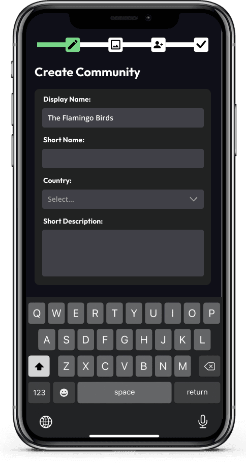 A mobile phone showing someone part-way through creating a community on Scorado.